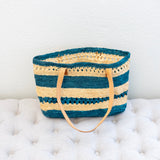 Women’s Teal Raffia Tote with Genuine Leather Straps for Beach, Vacation & Summer Outfits