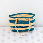 Women’s Teal Raffia Tote with Genuine Leather Straps for Beach, Vacation & Summer Outfits