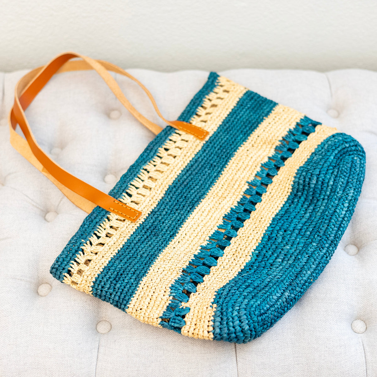 Women’s Teal Raffia Tote with Genuine Leather Straps for Beach, Vacation & Summer Outfits