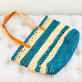 Women’s Teal Raffia Tote with Genuine Leather Straps for Beach, Vacation & Summer Outfits