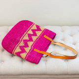 Women’s Magenta Raffia Tote with Genuine Leather Straps for Beach, Vacation & Summer Outfits