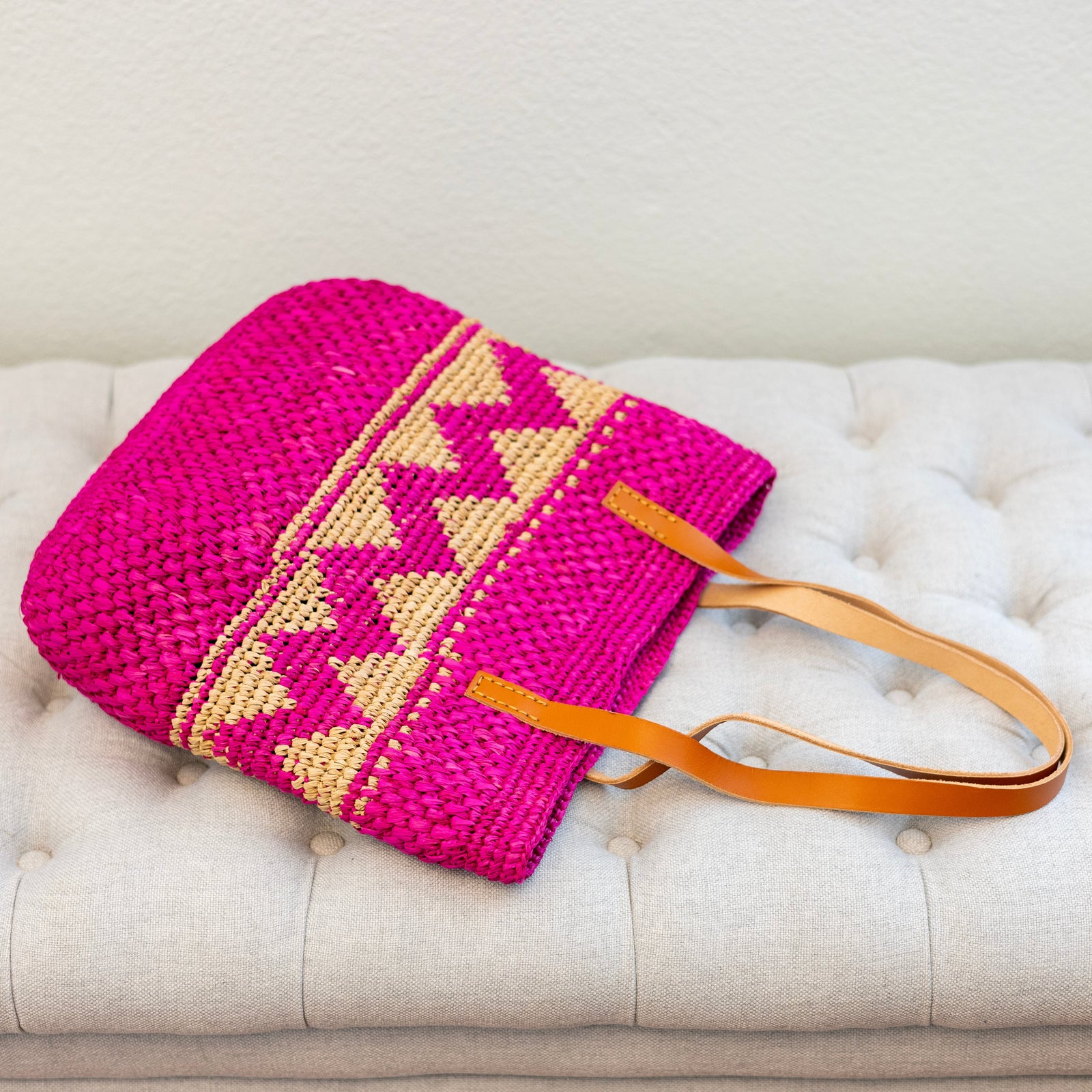 Women’s Magenta Raffia Tote with Genuine Leather Straps for Beach, Vacation & Summer Outfits