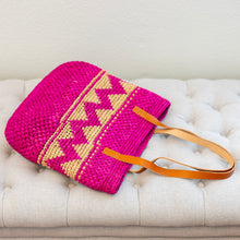 Women’s Magenta Raffia Tote with Genuine Leather Straps for Beach, Vacation & Summer Outfits