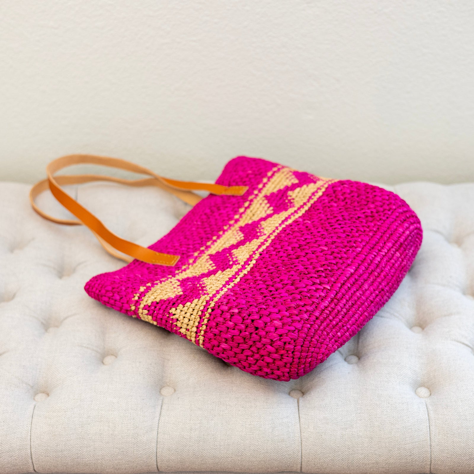 Women’s Magenta Raffia Tote with Genuine Leather Straps for Beach, Vacation & Summer Outfits