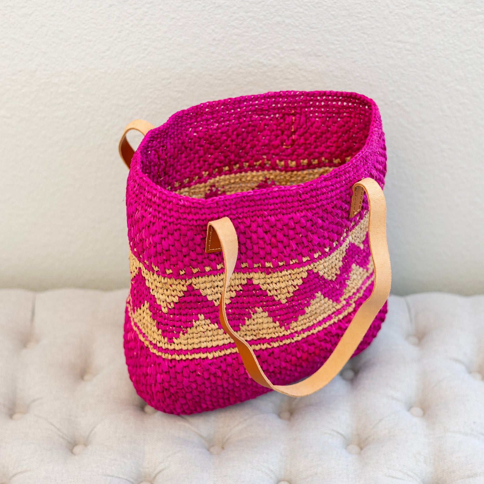 Women’s Magenta Raffia Tote with Genuine Leather Straps for Beach, Vacation & Summer Outfits