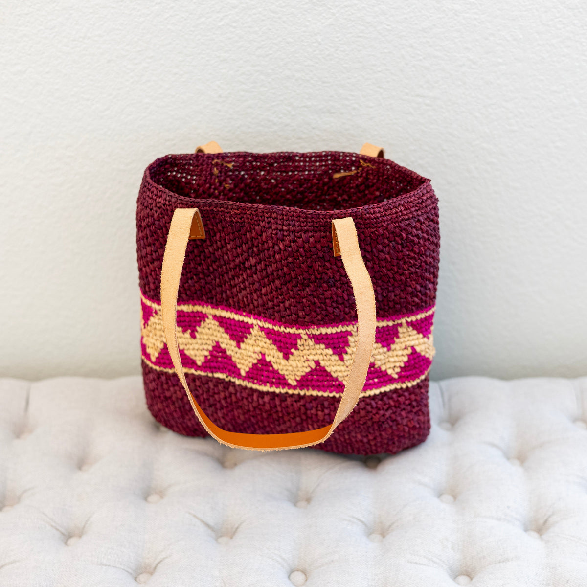 Women’s Magenta Raffia Tote with Genuine Leather Straps for Beach, Vacation & Summer Outfits