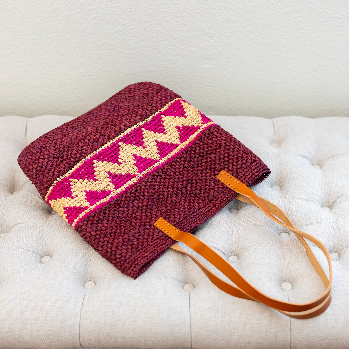 Women’s Magenta Raffia Tote with Genuine Leather Straps for Beach, Vacation & Summer Outfits