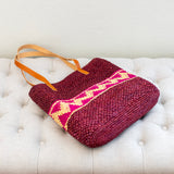 Women’s Magenta Raffia Tote with Genuine Leather Straps for Beach, Vacation & Summer Outfits