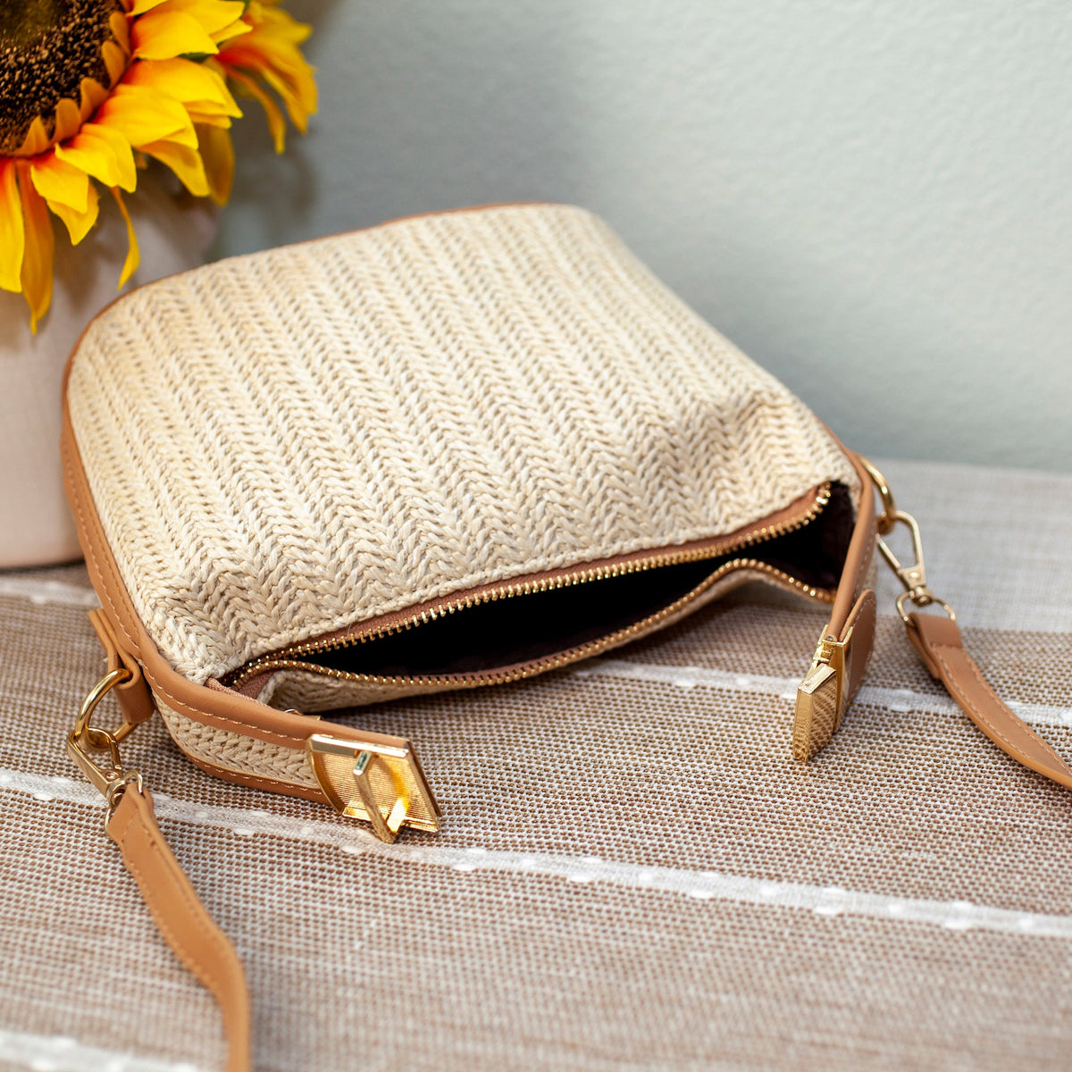Women’s Straw Woven Purse with Leather Accent Bucket Bag for Beach, Vacation & Summer Outfits
