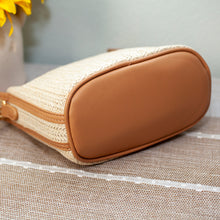 Damen Strohgewebte Geldbörse mit Lederakzent Eimertasche für Strand, Urlaub & Sommeroutfits