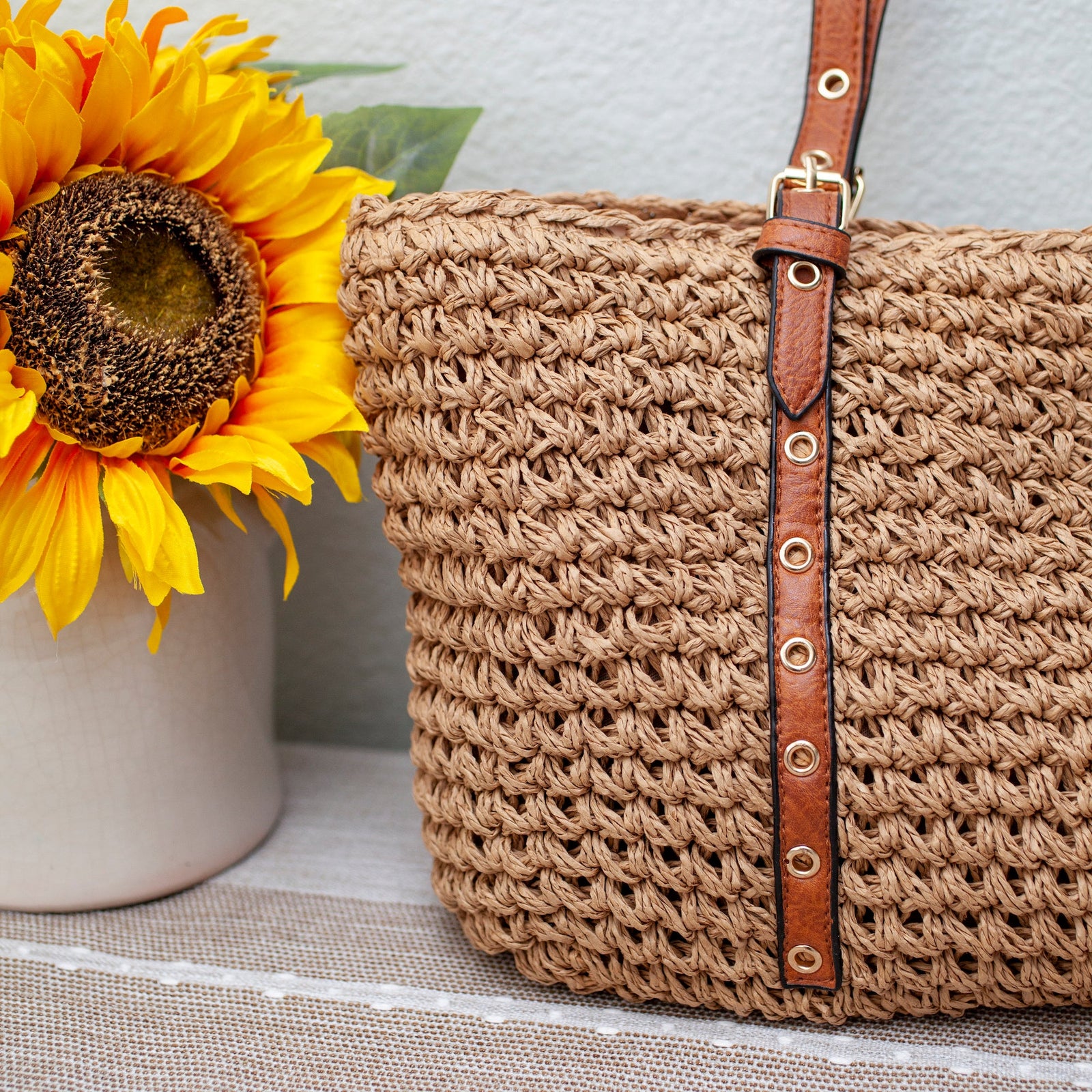Women’s Straw Woven Tote with Leather Straps for Beach, Vacation & Summer Outfits