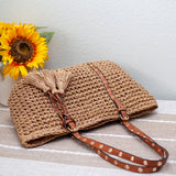 Women’s Straw Woven Tote with Leather Straps for Beach, Vacation & Summer Outfits