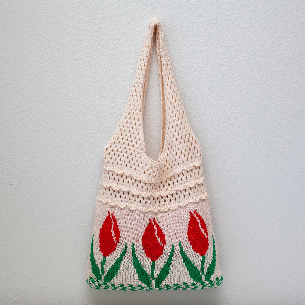 Damen-Schultertasche aus Baumwollstrick mit kunstvollem Blumenmuster für den Boho-Alltagsstil und als Geschenk