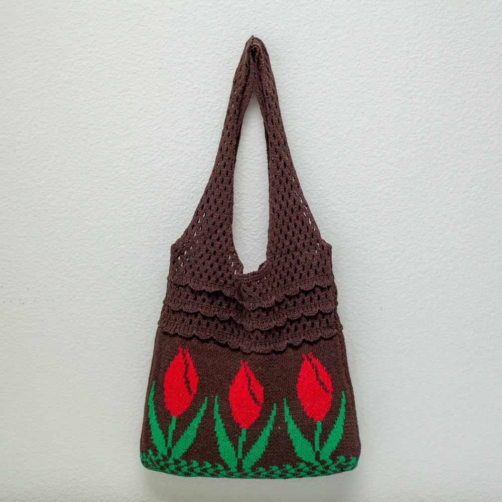 Damen-Schultertasche aus Baumwollstrick mit kunstvollem Blumenmuster für den Boho-Alltagsstil und als Geschenk