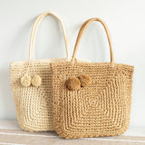 Women’s Patterned Straw Woven Tote with Pom Pom for Beach, Vacation & Summer Outfits