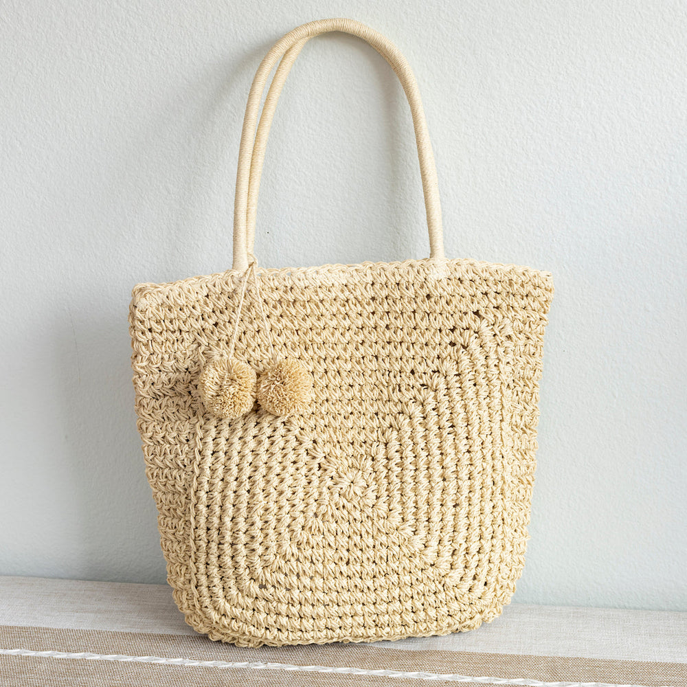 Geflochtene Damen-Basttasche mit Bommel für Strand, Urlaub & Sommer-Outfits