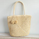 Women’s Patterned Straw Woven Tote with Pom Pom for Beach, Vacation & Summer Outfits
