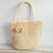 Women’s Patterned Straw Woven Tote with Pom Pom for Beach, Vacation & Summer Outfits