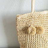Women’s Patterned Straw Woven Tote with Pom Pom for Beach, Vacation & Summer Outfits