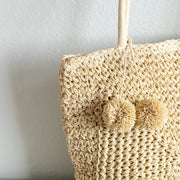 Women’s Patterned Straw Woven Tote with Pom Pom for Beach, Vacation & Summer Outfits
