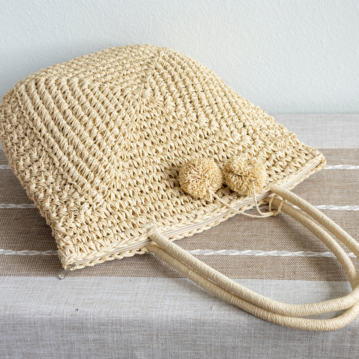 Women’s Patterned Straw Woven Tote with Pom Pom for Beach, Vacation & Summer Outfits