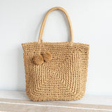 Women’s Patterned Straw Woven Tote with Pom Pom for Beach, Vacation & Summer Outfits