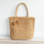 Women’s Patterned Straw Woven Tote with Pom Pom for Beach, Vacation & Summer Outfits