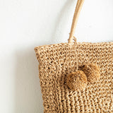 Women’s Patterned Straw Woven Tote with Pom Pom for Beach, Vacation & Summer Outfits