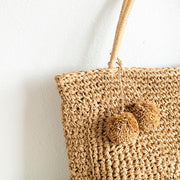 Women’s Patterned Straw Woven Tote with Pom Pom for Beach, Vacation & Summer Outfits