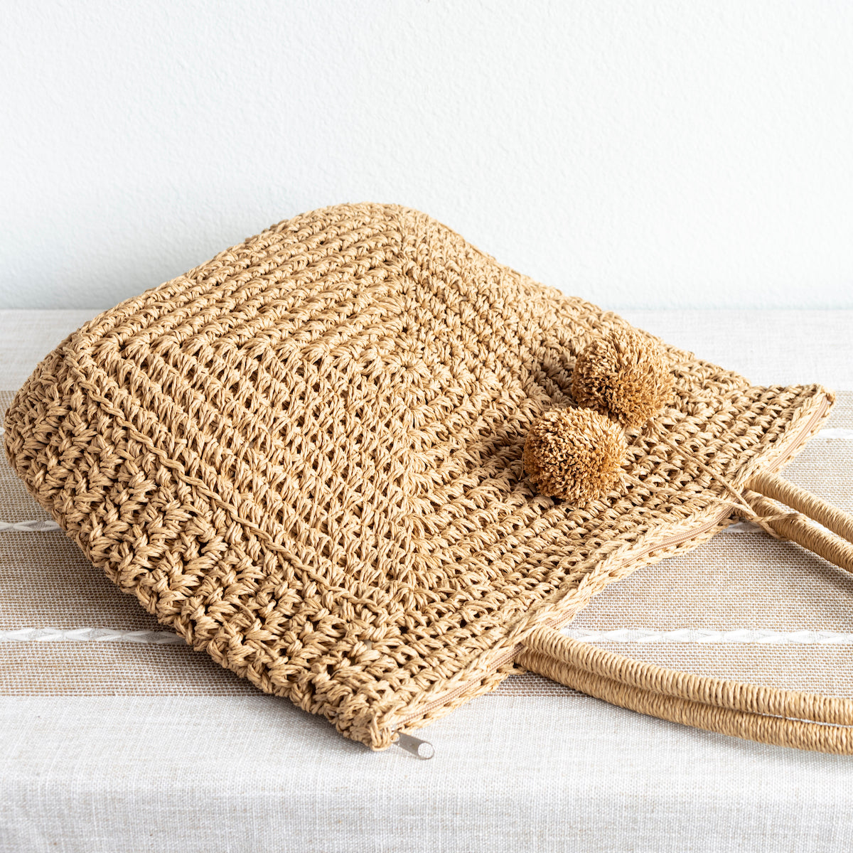 Women’s Patterned Straw Woven Tote with Pom Pom for Beach, Vacation & Summer Outfits