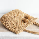Women’s Patterned Straw Woven Tote with Pom Pom for Beach, Vacation & Summer Outfits