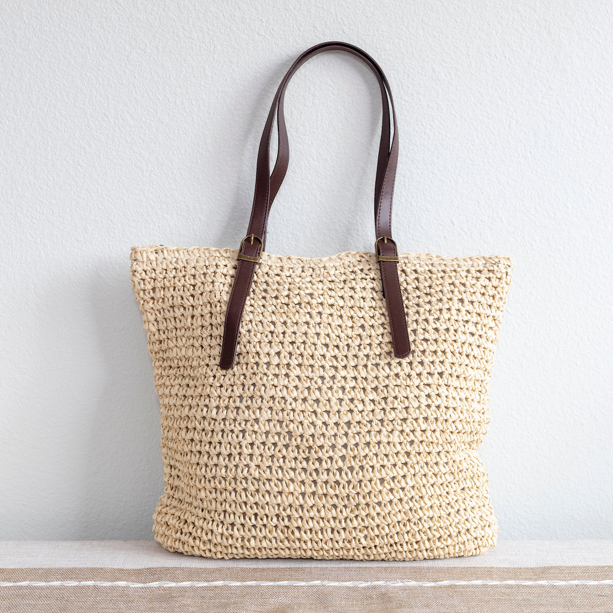 Women’s Straw Woven Tote Bag with Leather Strap for Beach, Vacation & Summer Outfits