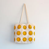 Women’s Crochet Cotton Happy Face Square Patch Tote Bag for Boho Everyday Style & Gifts