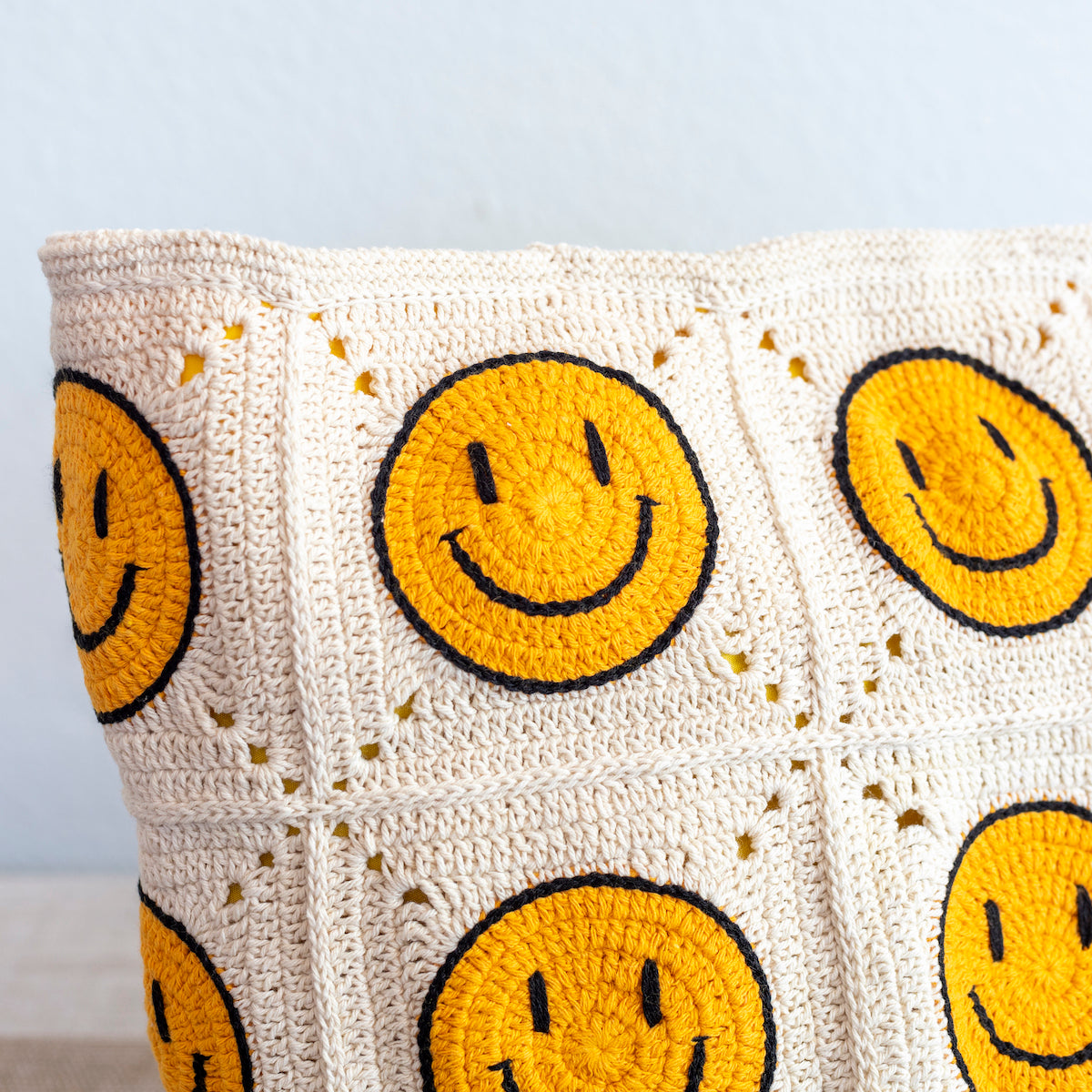 Women’s Crochet Cotton Happy Face Square Patch Tote Bag for Boho Everyday Style & Gifts