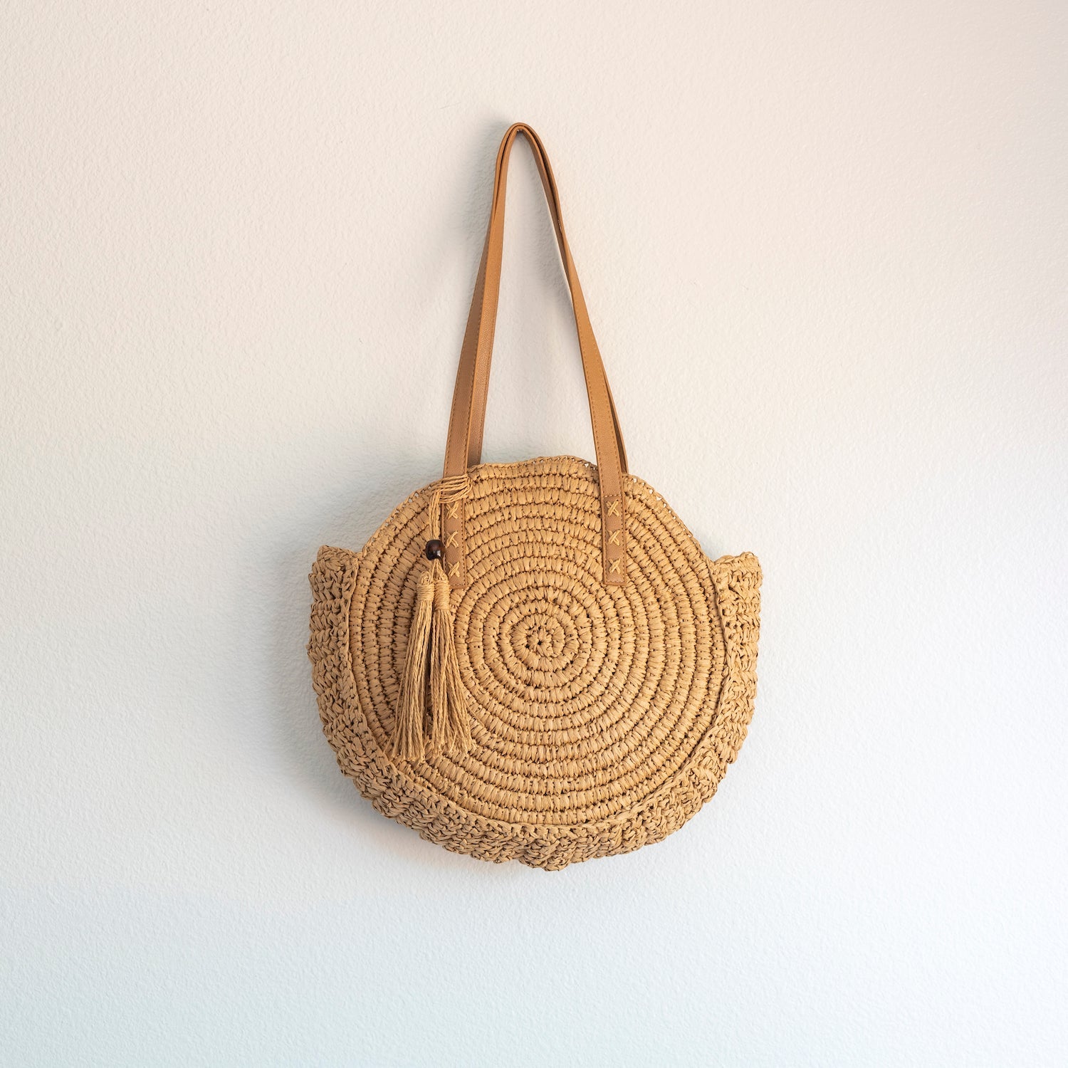 Women’s Straw Woven Round Tote with Leather Strap and Tassel for Beach, Vacation & Summer Outfits