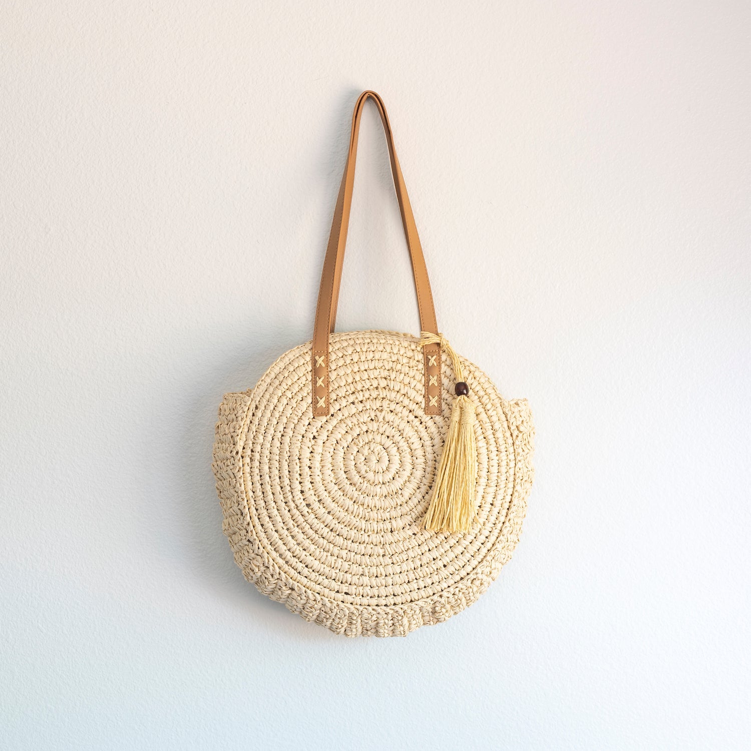 Women’s Straw Woven Round Tote with Leather Strap and Tassel for Beach, Vacation & Summer Outfits