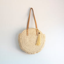 Women’s Straw Woven Round Tote with Leather Strap and Tassel for Beach, Vacation & Summer Outfits