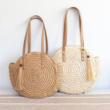 Women’s Straw Woven Round Tote with Leather Strap and Tassel for Beach, Vacation & Summer Outfits