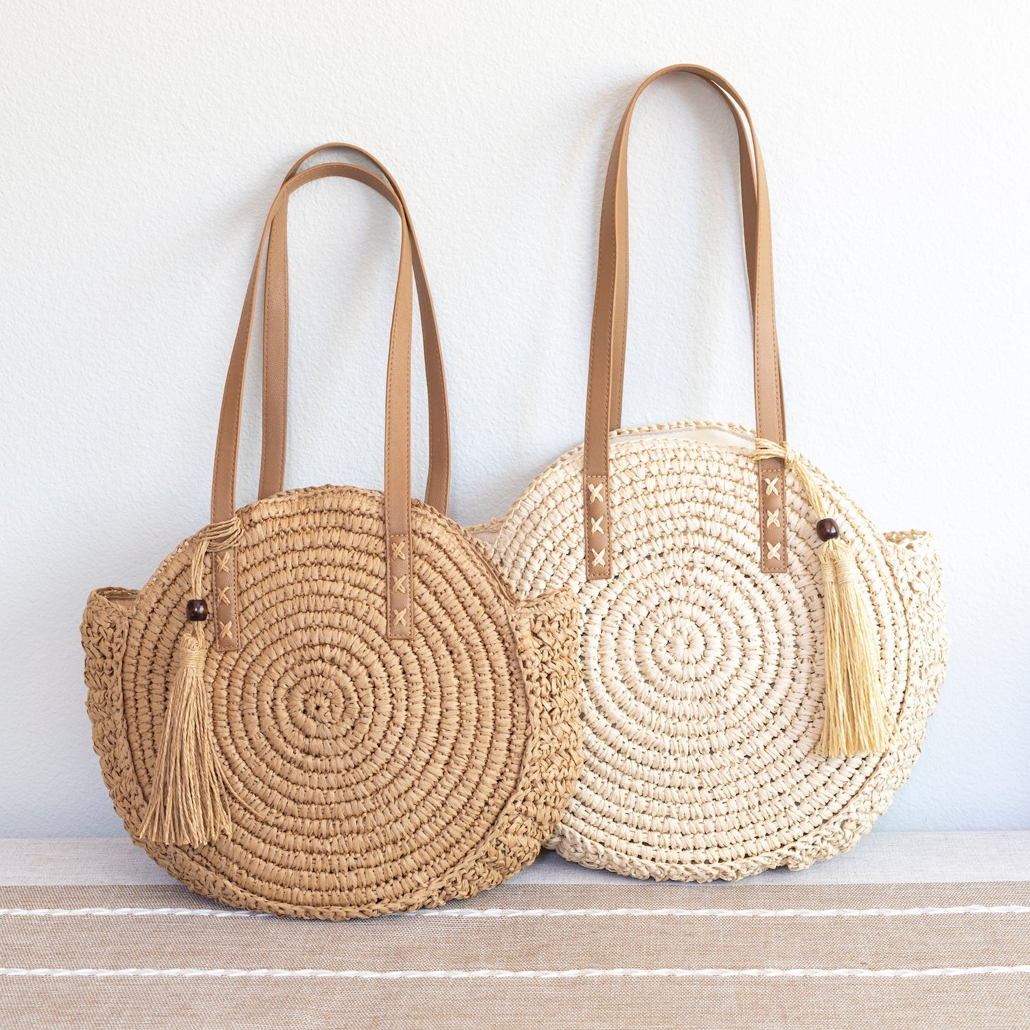 Women’s Straw Woven Round Tote with Leather Strap and Tassel for Beach, Vacation & Summer Outfits