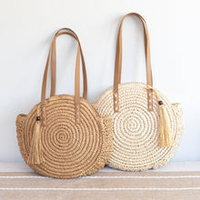 Women’s Straw Woven Round Tote with Leather Strap and Tassel for Beach, Vacation & Summer Outfits
