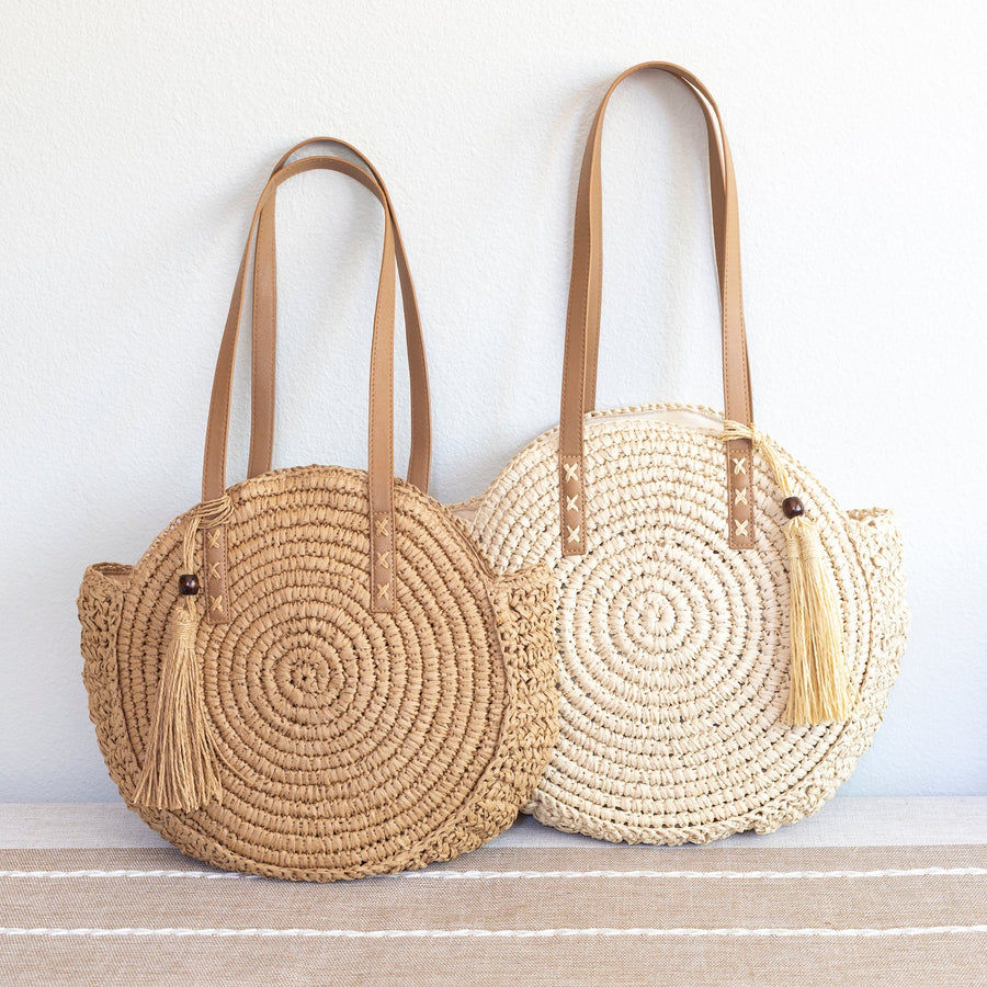 Women’s Straw Woven Round Tote with Leather Strap and Tassel for Beach, Vacation & Summer Outfits