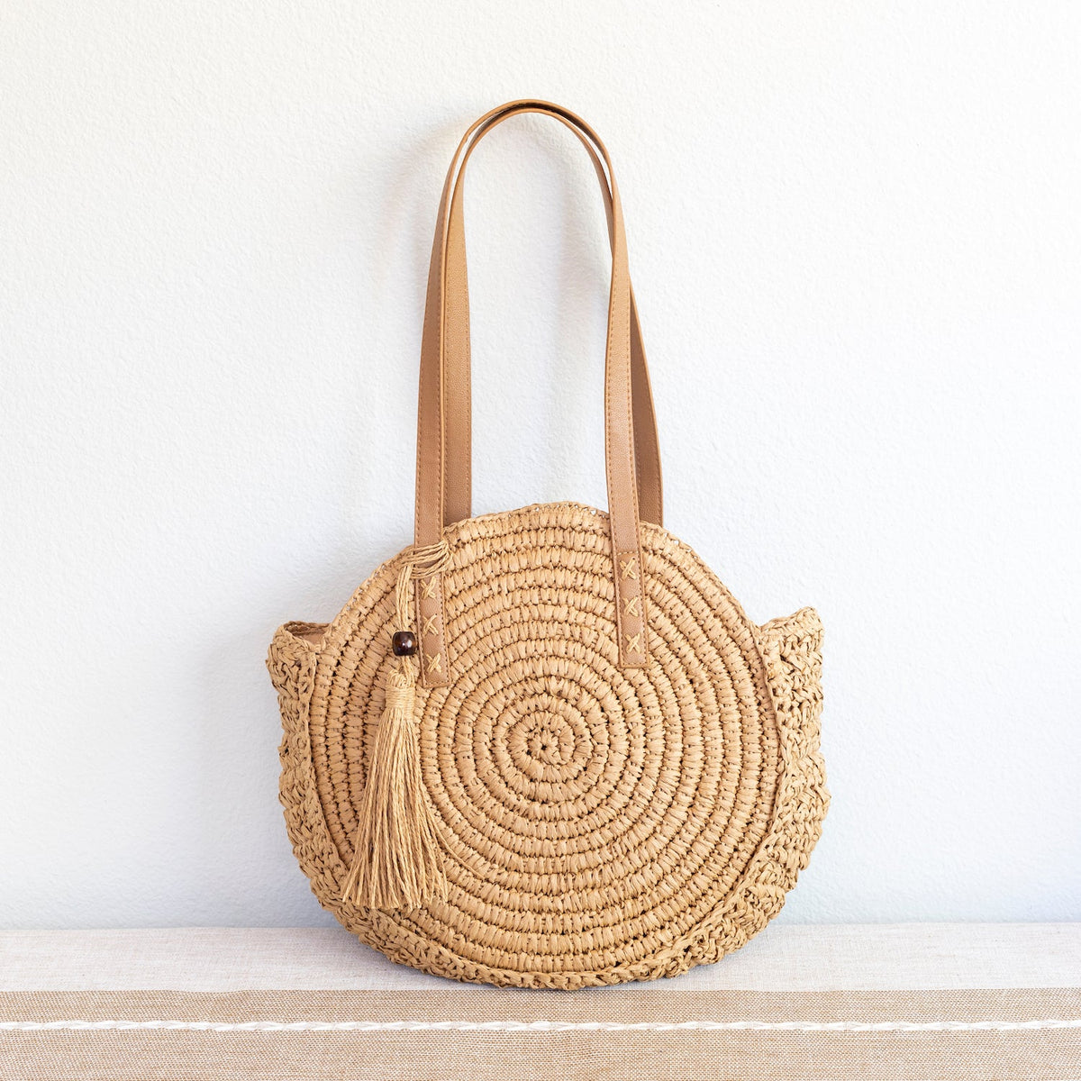 Women’s Straw Woven Round Tote with Leather Strap and Tassel for Beach, Vacation & Summer Outfits