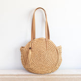 Women’s Straw Woven Round Tote with Leather Strap and Tassel for Beach, Vacation & Summer Outfits