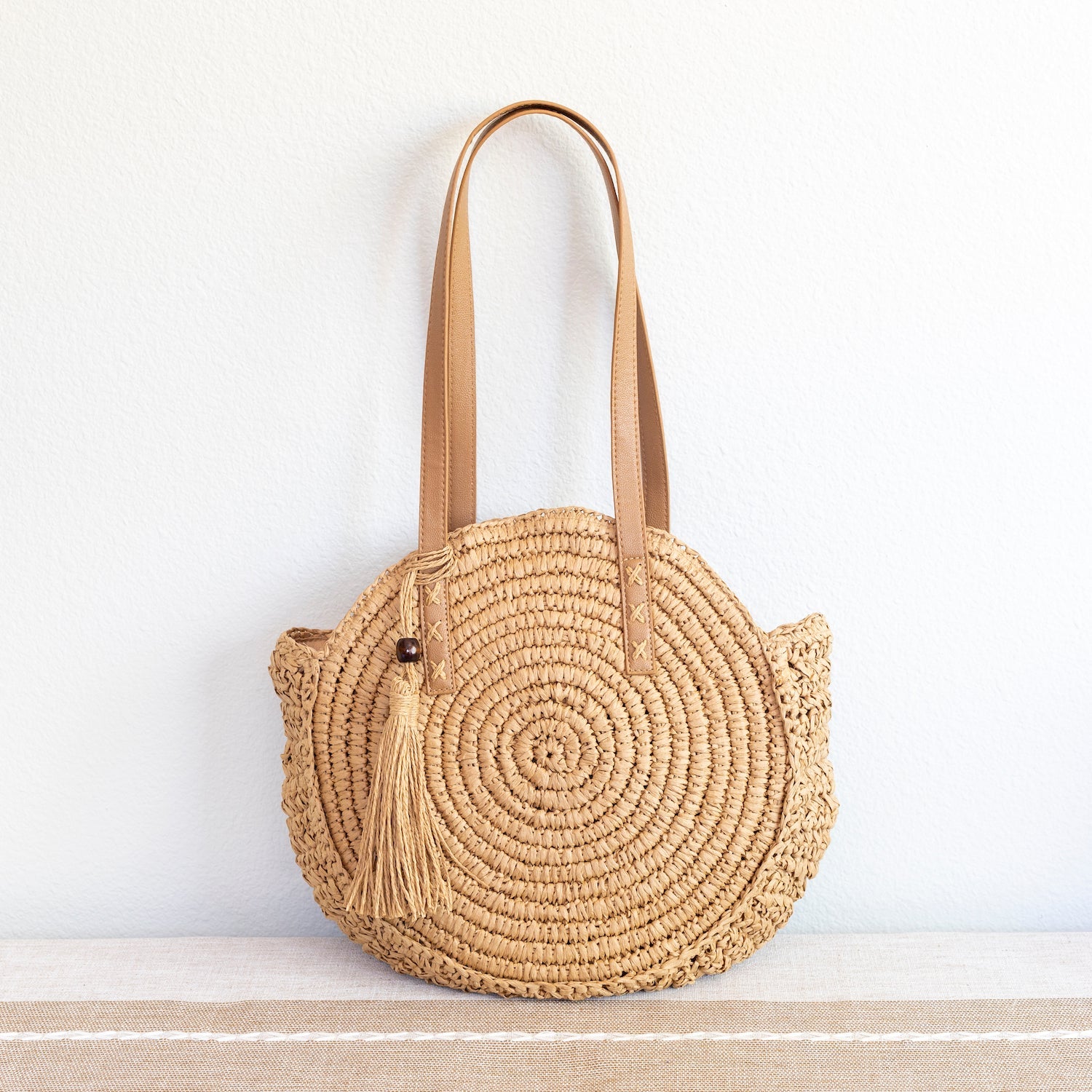 Women’s Straw Woven Round Tote with Leather Strap and Tassel for Beach, Vacation & Summer Outfits