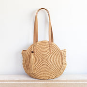 Women’s Straw Woven Round Tote with Leather Strap and Tassel for Beach, Vacation & Summer Outfits