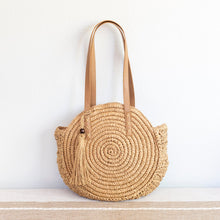 Women’s Straw Woven Round Tote with Leather Strap and Tassel for Beach, Vacation & Summer Outfits