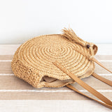 Women’s Straw Woven Round Tote with Leather Strap and Tassel for Beach, Vacation & Summer Outfits
