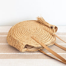 Women’s Straw Woven Round Tote with Leather Strap and Tassel for Beach, Vacation & Summer Outfits