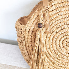 Women’s Straw Woven Round Tote with Leather Strap and Tassel for Beach, Vacation & Summer Outfits