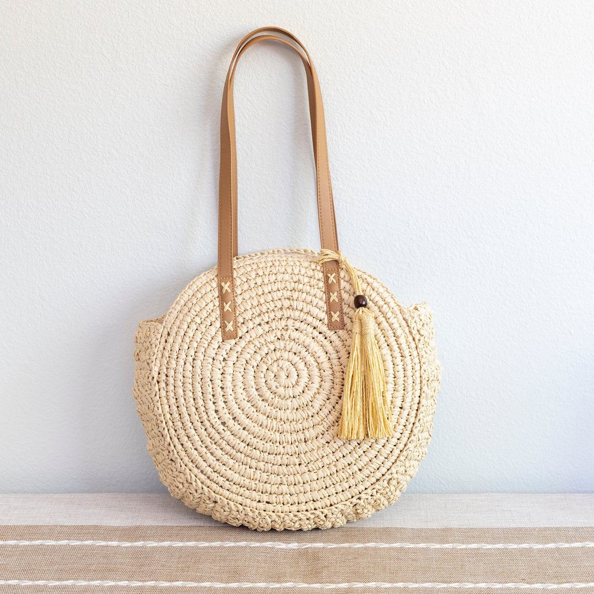 Women’s Straw Woven Round Tote with Leather Strap and Tassel for Beach, Vacation & Summer Outfits
